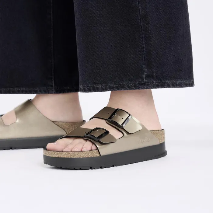 Women Birkenstock TwoStrap Arizona Flex Platform Electric Metallic Taupe