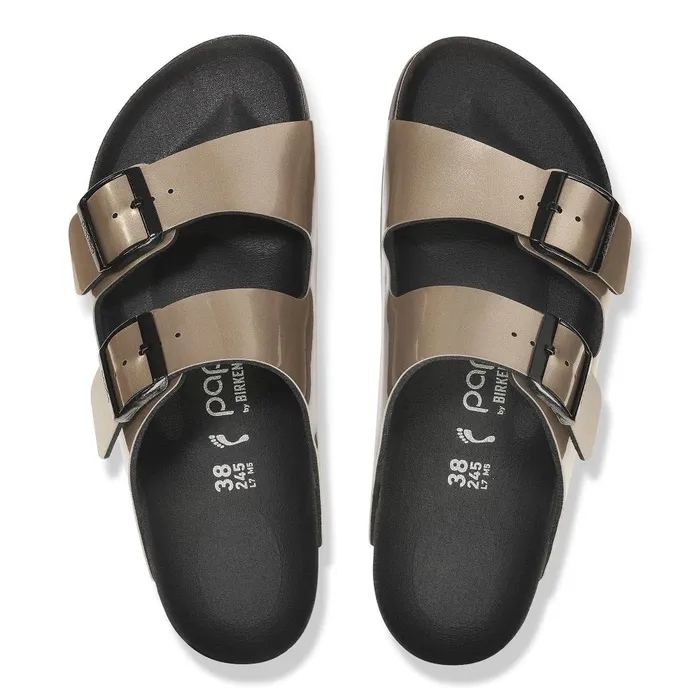 Women Birkenstock TwoStrap Arizona Flex Platform Electric Metallic Taupe