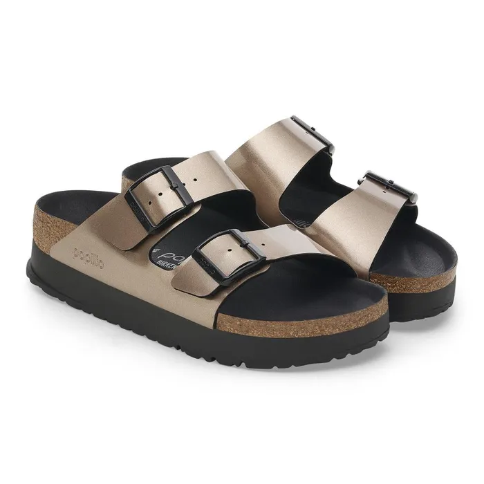 Women Birkenstock TwoStrap Arizona Flex Platform Electric Metallic Taupe