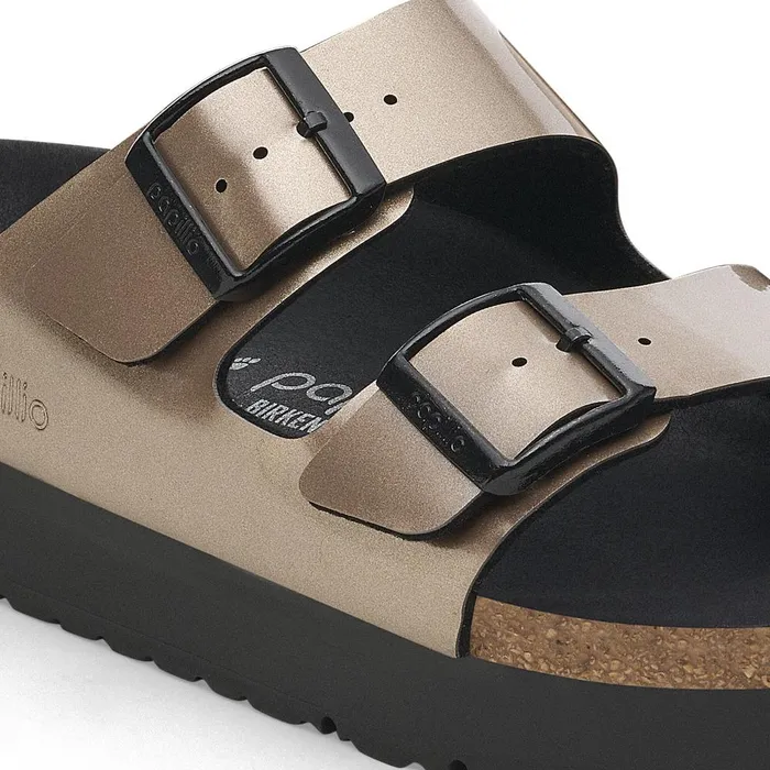 Women Birkenstock TwoStrap Arizona Flex Platform Electric Metallic Taupe