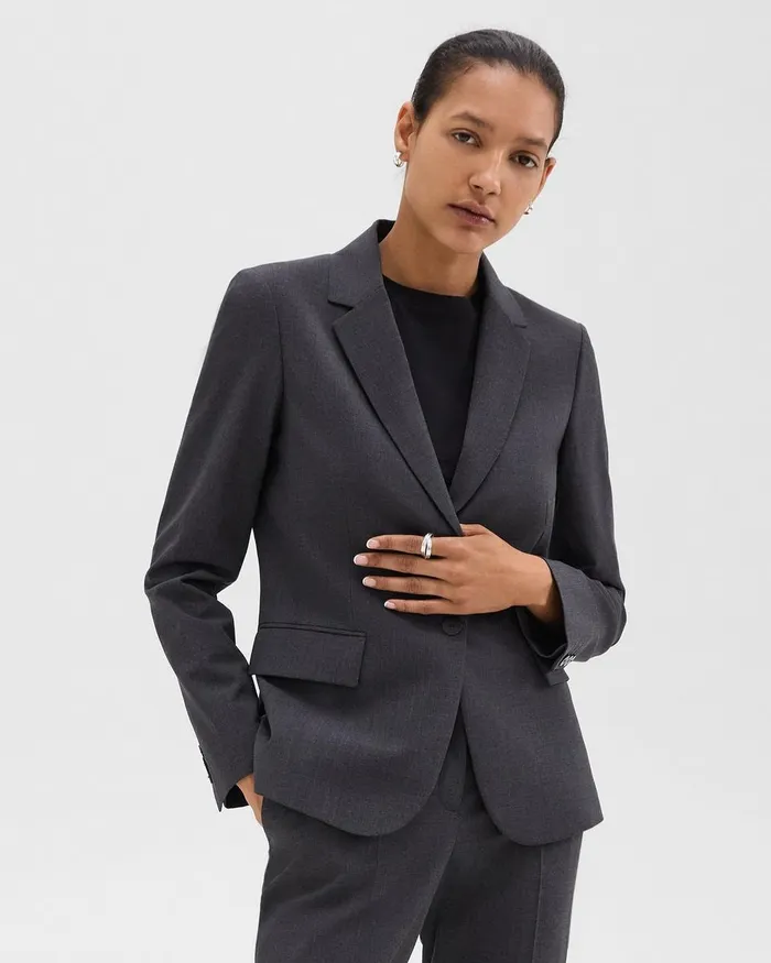 Women Blazers Jackets Theory Carissa Blazer In Good Wool Charcoal Melange