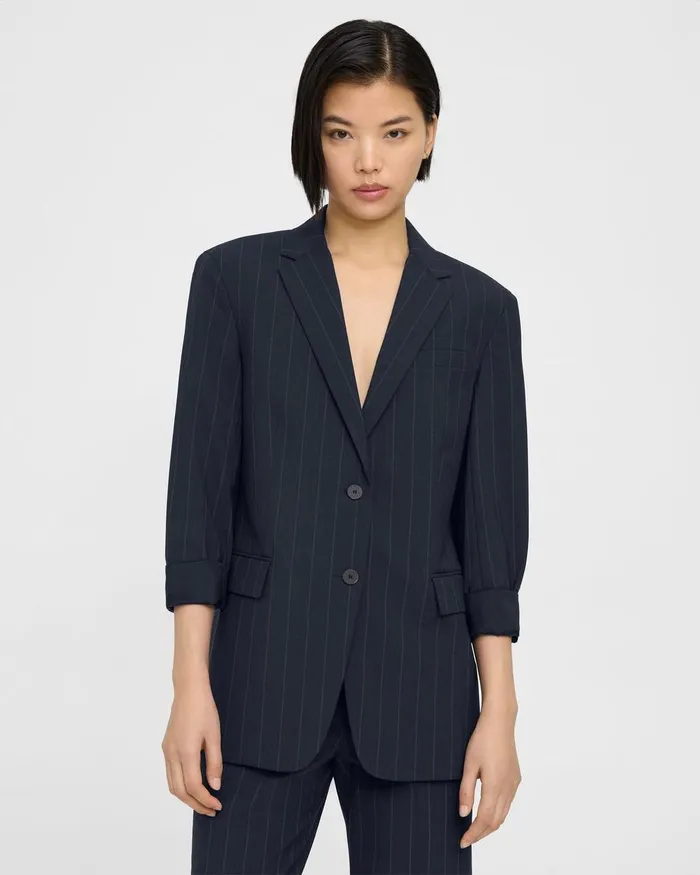 Women Blazers Jackets Theory Cuffed Blazer In Striped Stretch Wool Deep Navy