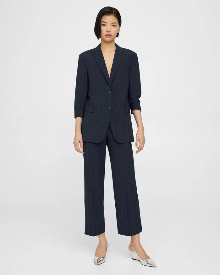 Women Blazers Jackets Theory Cuffed Blazer In Striped Stretch Wool Deep Navy