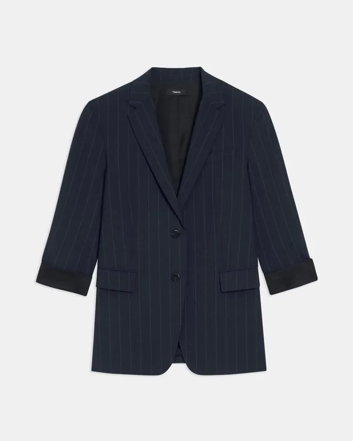 Women Blazers Jackets Theory Cuffed Blazer In Striped Stretch Wool Deep Navy