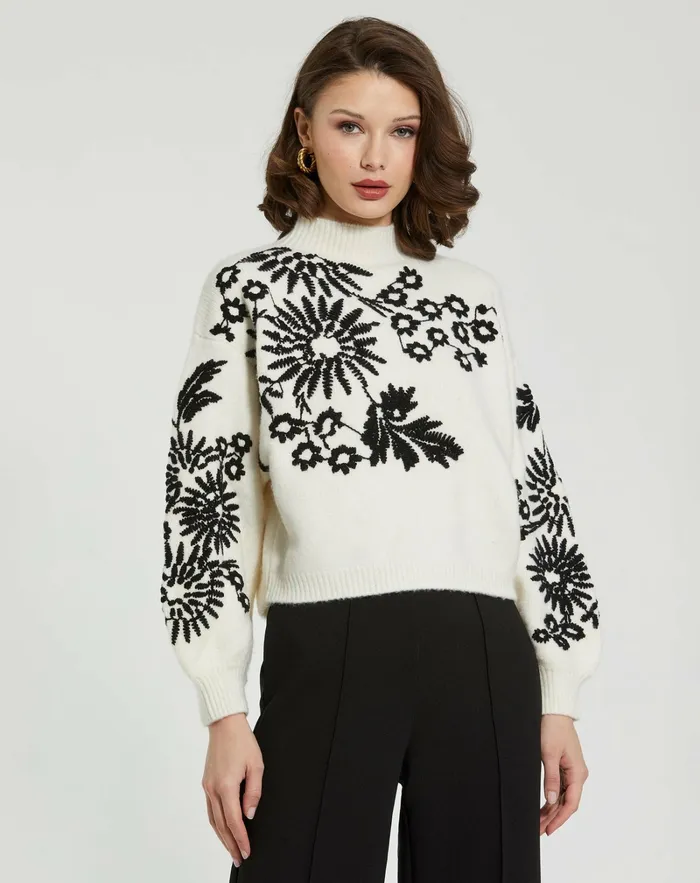 Women Blouses and Tops Mac Duggal Balloon Sleeve Cropped Mock Neck Knit Sweater Ecru