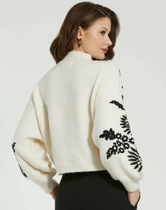 Women Blouses and Tops Mac Duggal Balloon Sleeve Cropped Mock Neck Knit Sweater Ecru