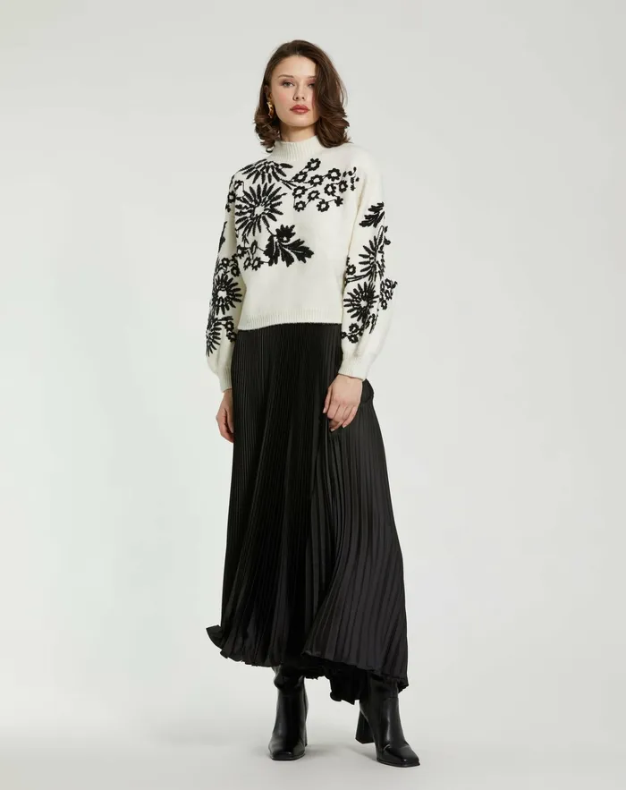 Women Blouses and Tops Mac Duggal Balloon Sleeve Cropped Mock Neck Knit Sweater Ecru