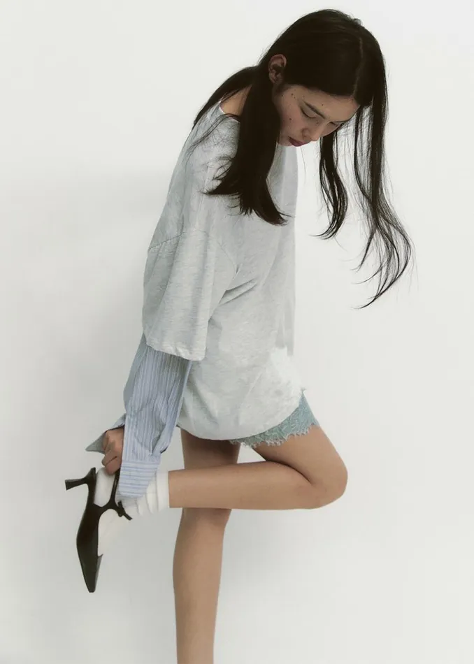 Women Bryton Layered Tee 8211 Light GreyBlue The Frankie Shop Tops