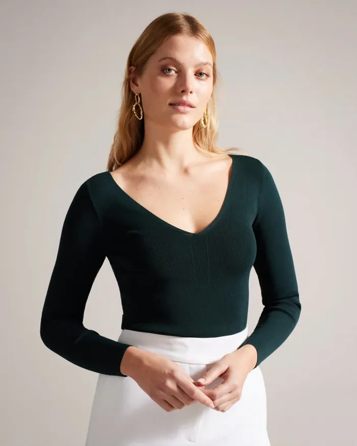 Women CILESTE 8211 V Neck Slim Fit Knit Top Dark Green Ted Baker Tops and Blouses
