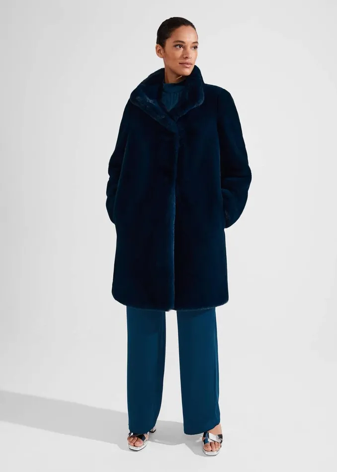 Women Coats and Jackets Hobbs Maddox Faux Fur Coat Steel Blue