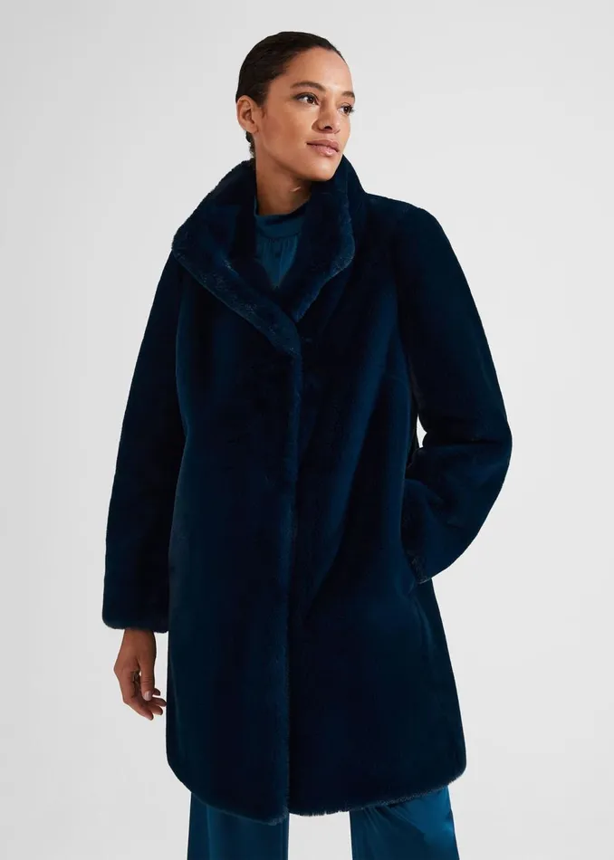 Women Coats and Jackets Hobbs Maddox Faux Fur Coat Steel Blue