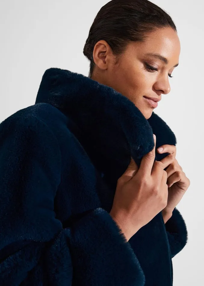 Women Coats and Jackets Hobbs Maddox Faux Fur Coat Steel Blue