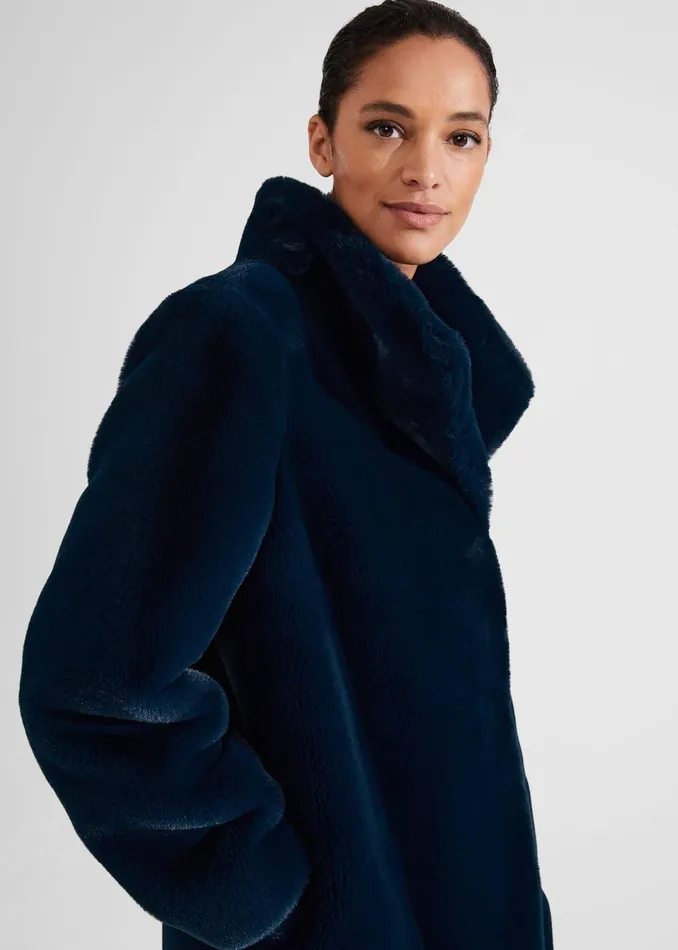 Women Coats and Jackets Hobbs Maddox Faux Fur Coat Steel Blue