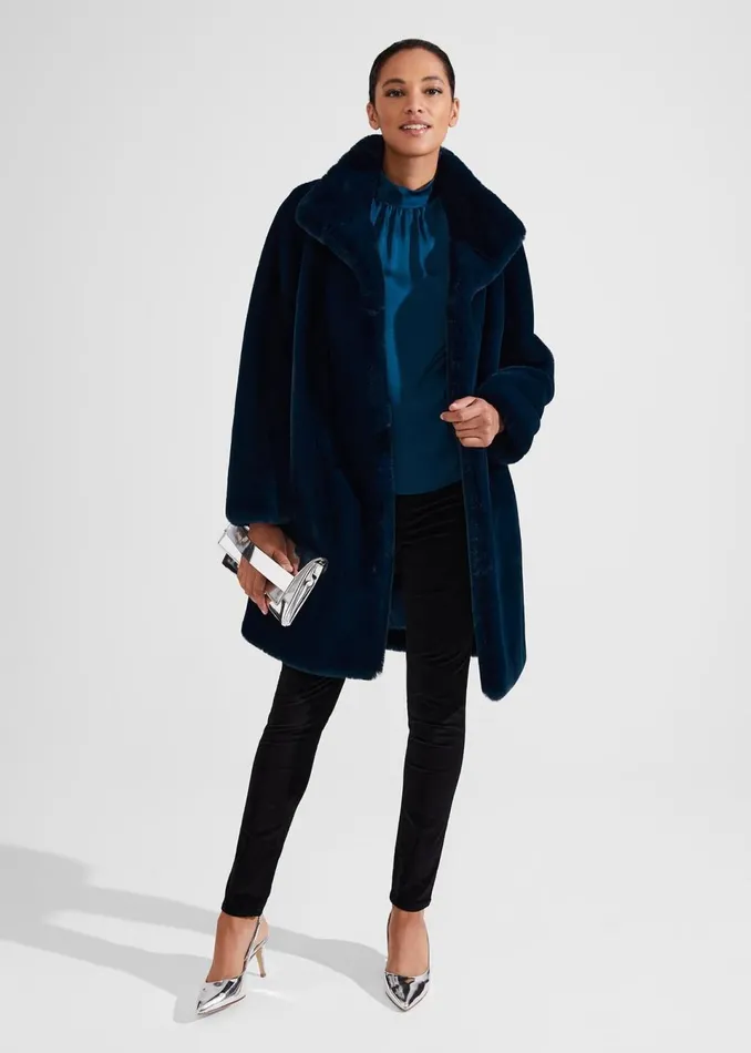 Women Coats and Jackets Hobbs Maddox Faux Fur Coat Steel Blue