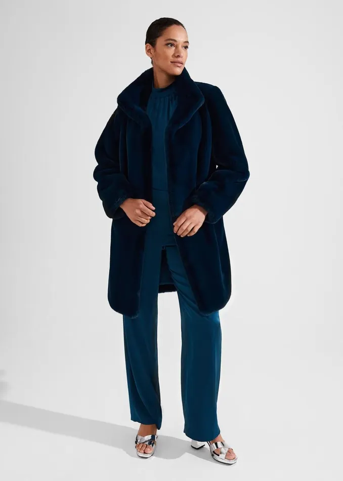 Women Coats and Jackets Hobbs Maddox Faux Fur Coat Steel Blue