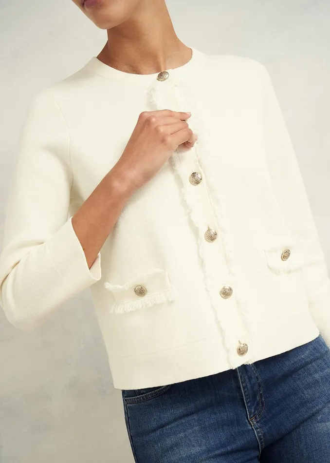 Women Coats and Jackets Hobbs Sairey Cotton Wool Knitted Jacket Warm Ivory