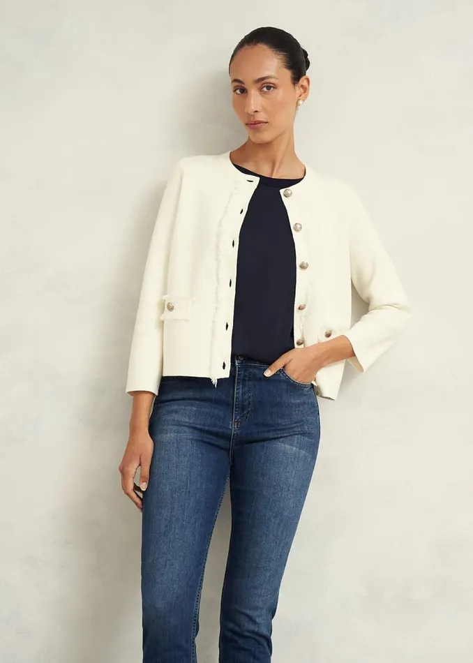 Women Coats and Jackets Hobbs Sairey Cotton Wool Knitted Jacket Warm Ivory