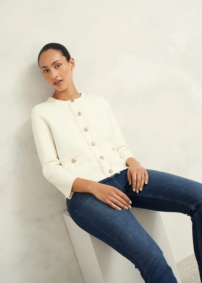 Women Coats and Jackets Hobbs Sairey Cotton Wool Knitted Jacket Warm Ivory
