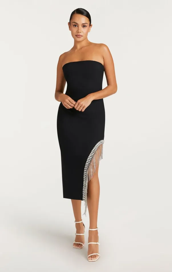 Women Cocktail and Evening Cinq Sept Rhinestone Fringe Sammy Dress Black