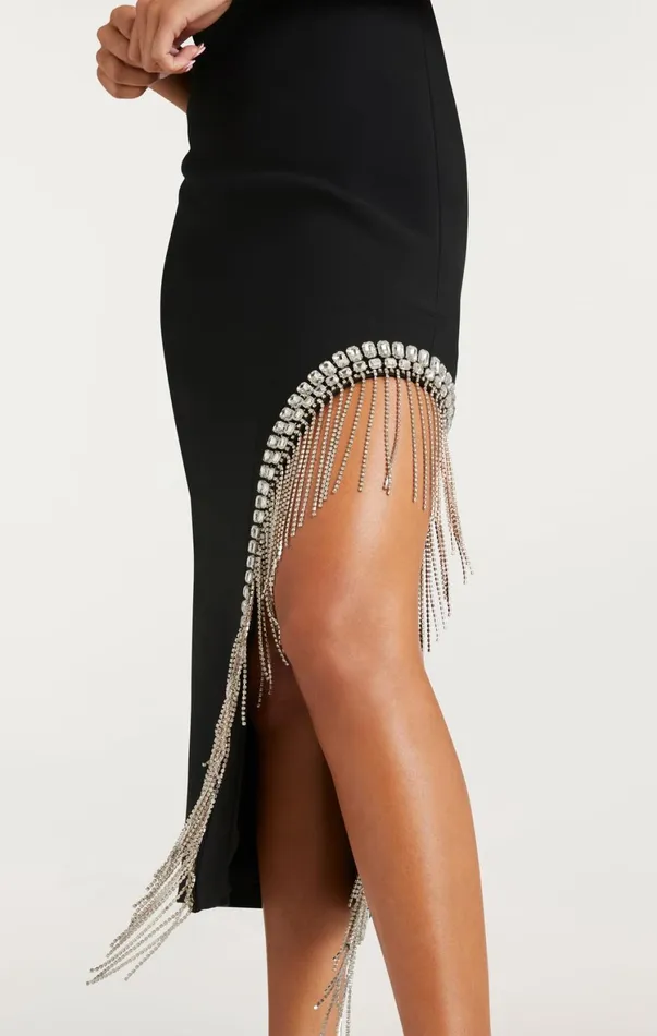 Women Cocktail and Evening Cinq Sept Rhinestone Fringe Sammy Dress Black