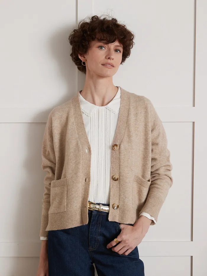 Women Cyrillus Clothing Button Cardigan With VNeckline Beige Chine