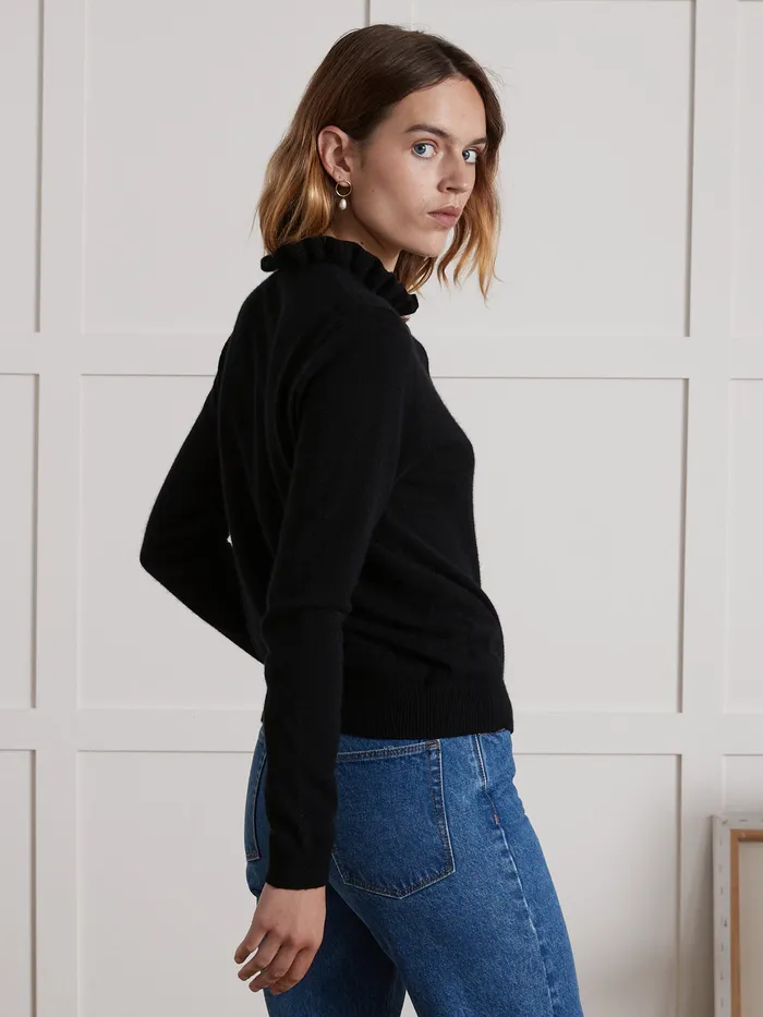 Women Cyrillus Clothing Cardigan With Frilly Neckline 8211 The Cashmere Collection Noir