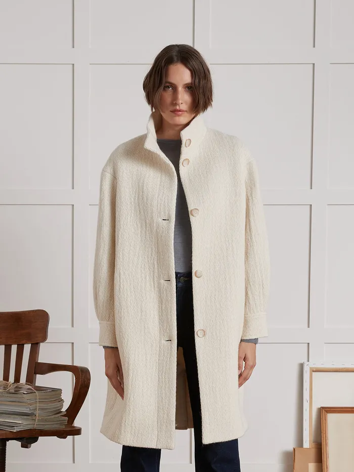 Women Cyrillus Clothing Long Textured Fabric Coat Craie