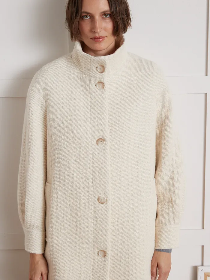 Women Cyrillus Clothing Long Textured Fabric Coat Craie