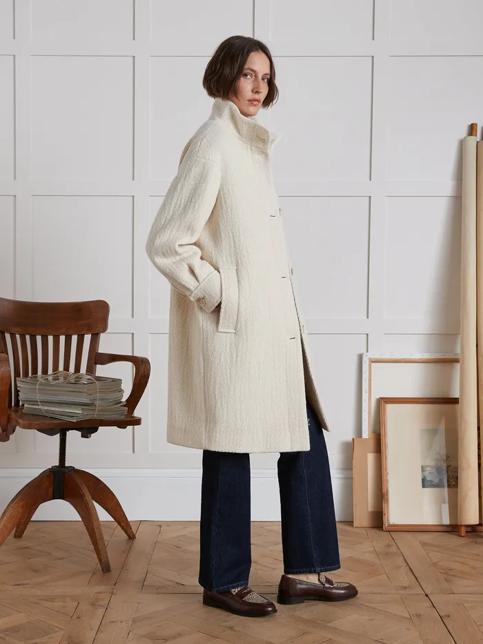 Women Cyrillus Clothing Long Textured Fabric Coat Craie