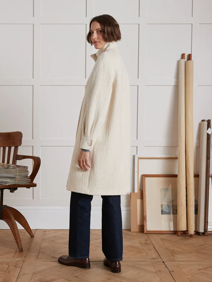 Women Cyrillus Clothing Long Textured Fabric Coat Craie