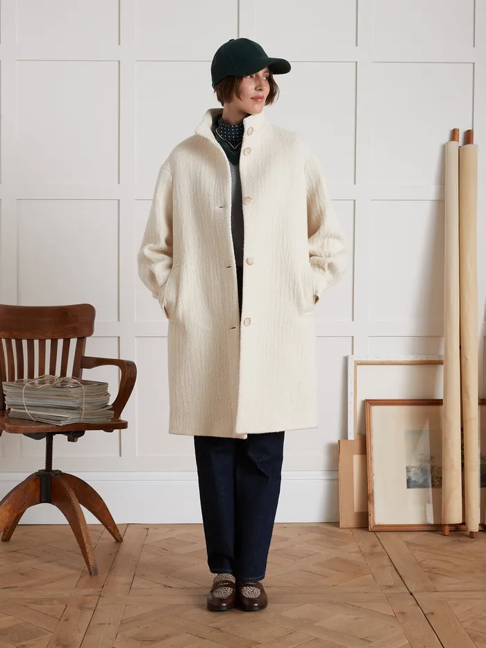 Women Cyrillus Clothing Long Textured Fabric Coat Craie