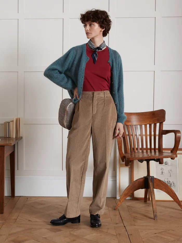 Women Cyrillus Clothing Pauline Pleated Corduroy Trousers Beige Taupe