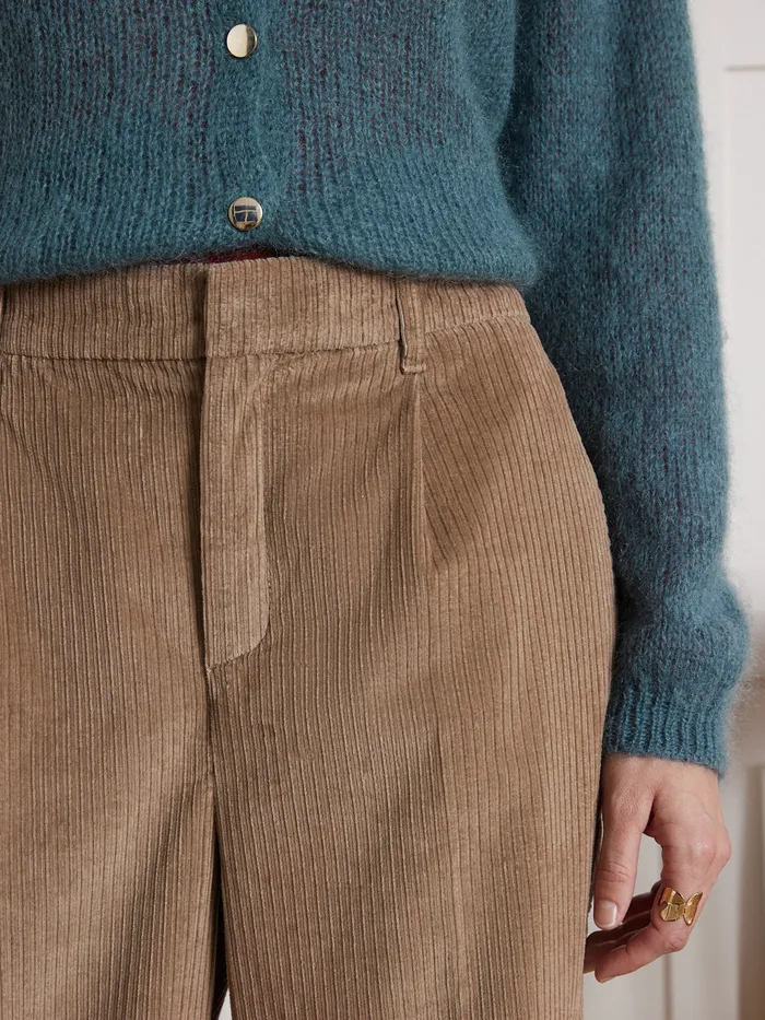 Women Cyrillus Clothing Pauline Pleated Corduroy Trousers Beige Taupe