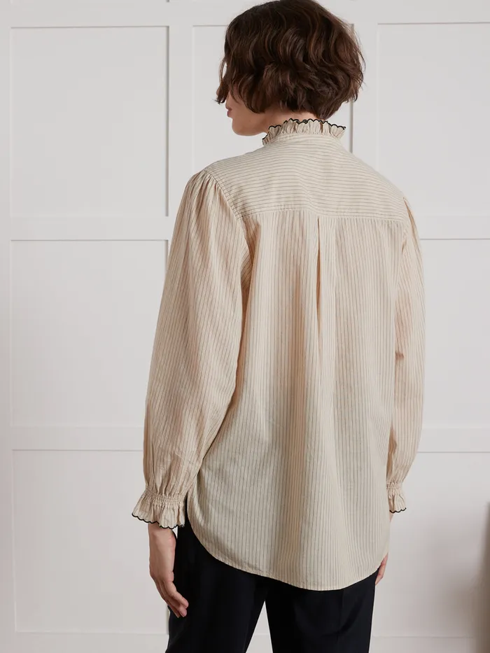 Women Cyrillus Clothing Stripe Shirt With Frilly Neckline Rayure Noirebeige
