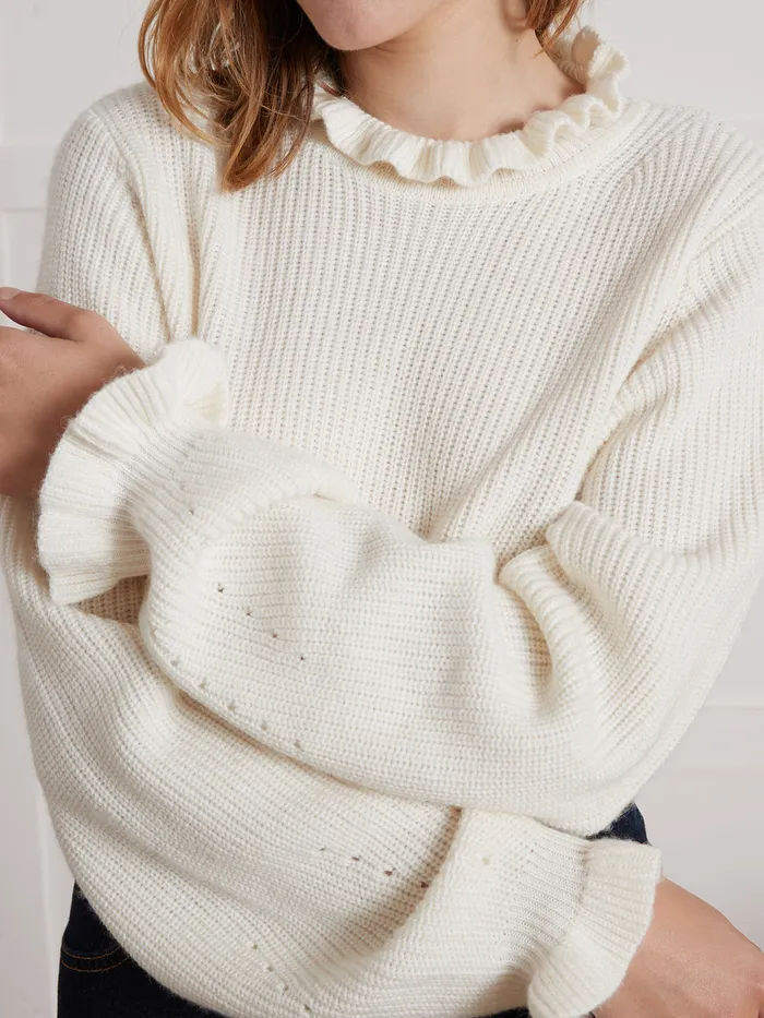Women Cyrillus Clothing Sweater With Ruffled Neckline Ecru