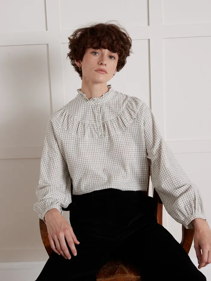Women Cyrillus Clothing Tattersall Check Blouse With Frilly Neckline Tattersall Beige
