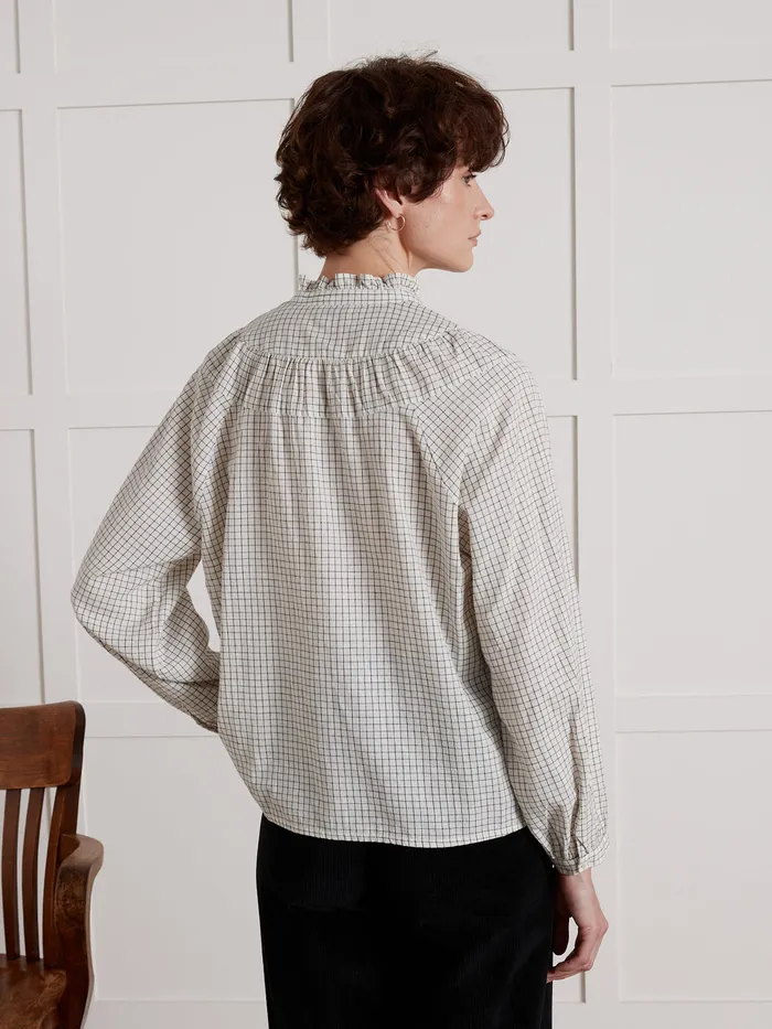 Women Cyrillus Clothing Tattersall Check Blouse With Frilly Neckline Tattersall Beige