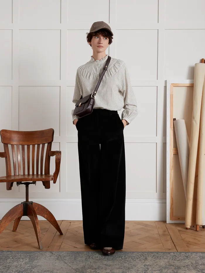 Women Cyrillus Clothing Tattersall Check Blouse With Frilly Neckline Tattersall Beige