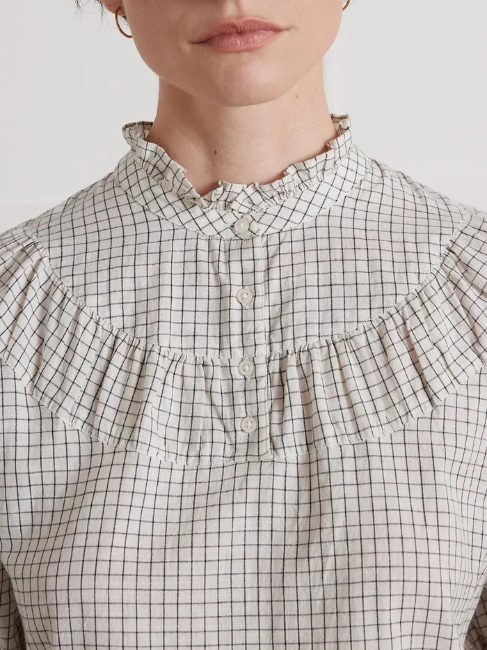 Women Cyrillus Clothing Tattersall Check Blouse With Frilly Neckline Tattersall Beige