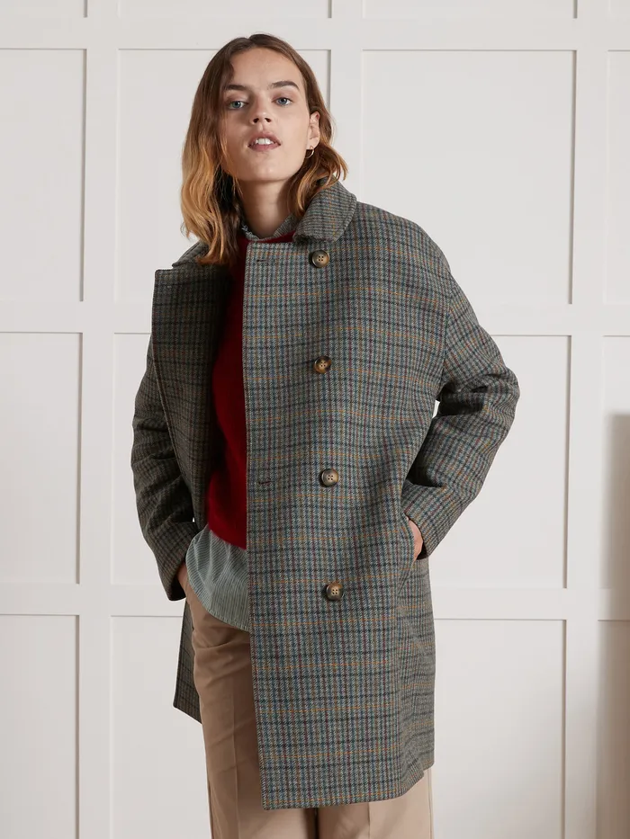 Women Cyrillus Clothing Wool Cloth Check Coat Carreaux Gris