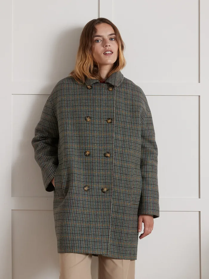 Women Cyrillus Clothing Wool Cloth Check Coat Carreaux Gris