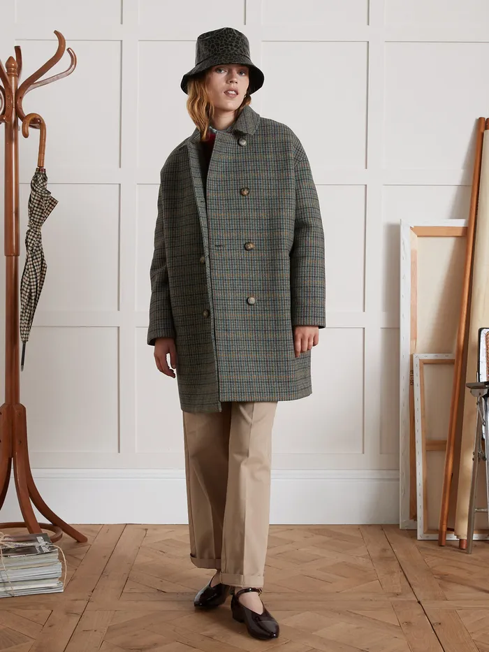 Women Cyrillus Clothing Wool Cloth Check Coat Carreaux Gris