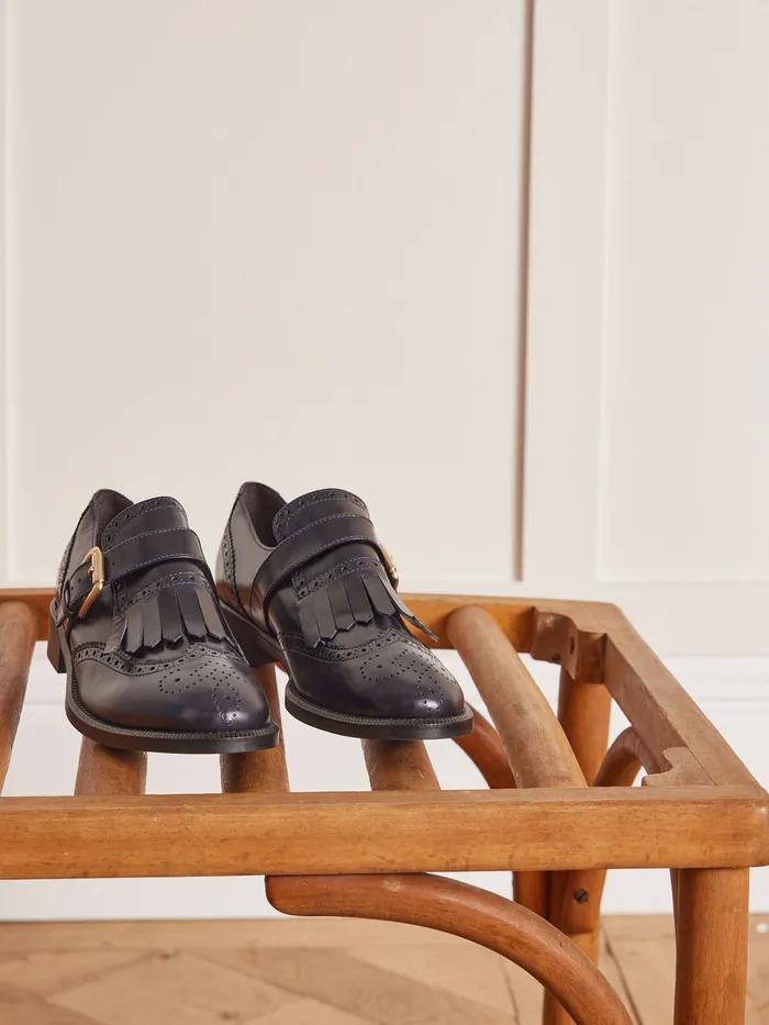 Women Cyrillus Shoes Fringed Leather Derby Shoes Navy Noir