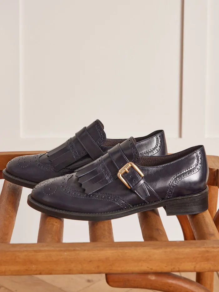 Women Cyrillus Shoes Fringed Leather Derby Shoes Navy Noir