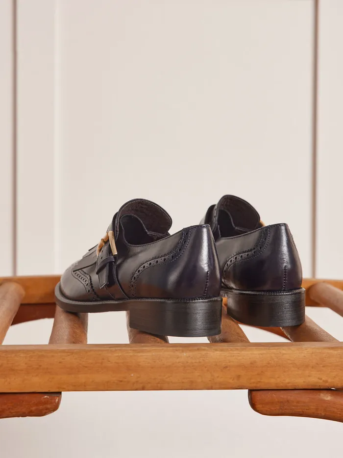 Women Cyrillus Shoes Fringed Leather Derby Shoes Navy Noir