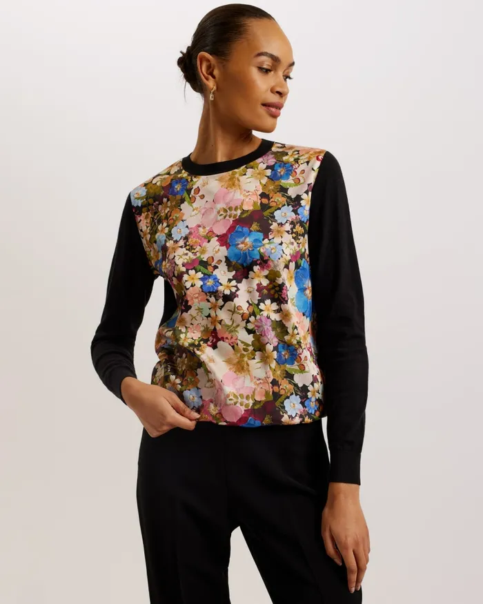 Women DELBI 8211 Printed Woven Front Sweater Black Ted Baker Jumpers and Cardigans
