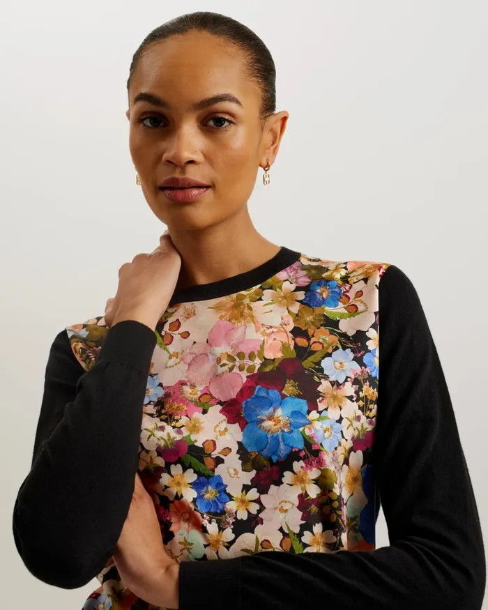 Women DELBI 8211 Printed Woven Front Sweater Black Ted Baker Jumpers and Cardigans