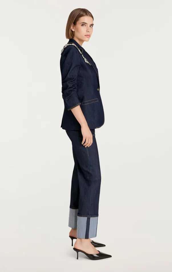 Women Denim Cinq Sept Crystal Chrysanthemum Khloe Blazer Indigo