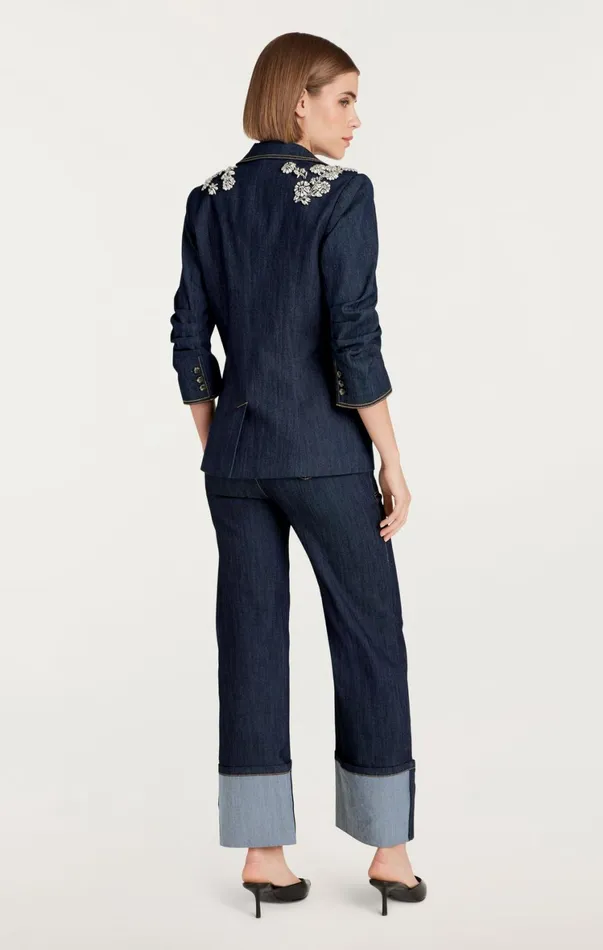 Women Denim Cinq Sept Crystal Chrysanthemum Khloe Blazer Indigo