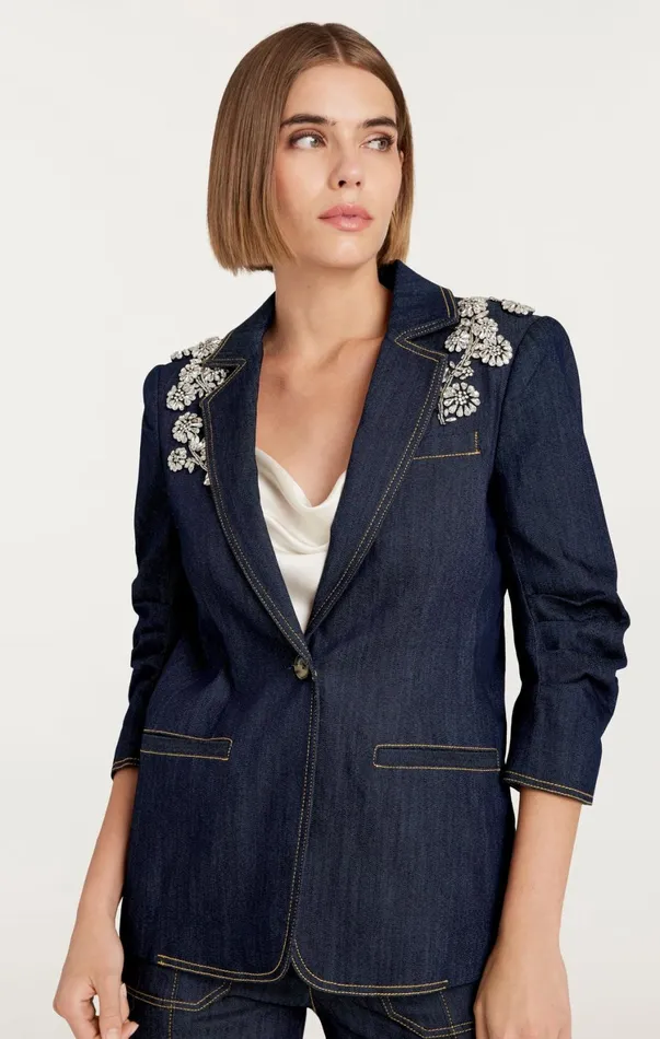 Women Denim Cinq Sept Crystal Chrysanthemum Khloe Blazer Indigo